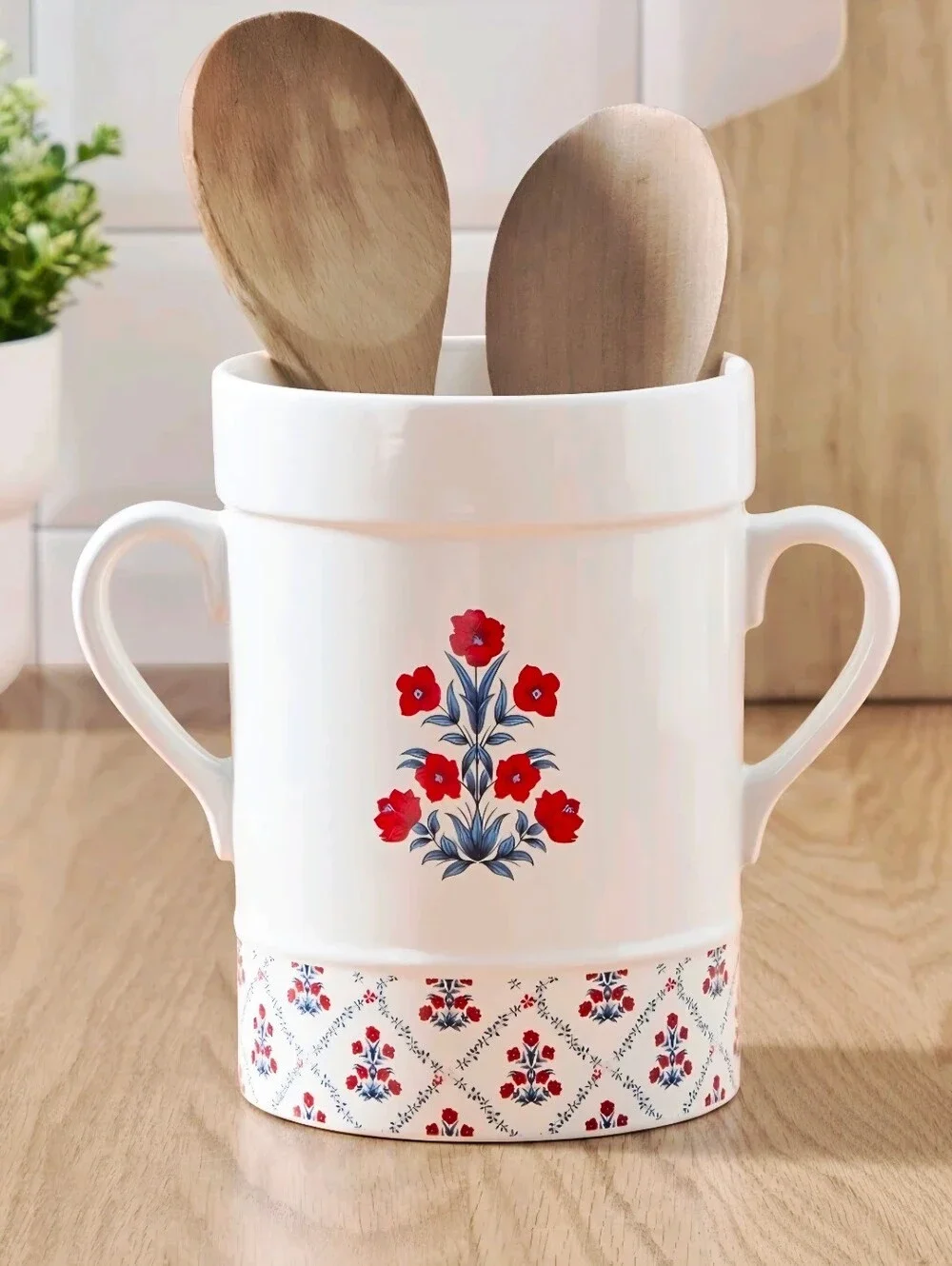My Texas House New Poppy Trellis Ceramic Utensil Crock / Vase, Red White Blue 7
